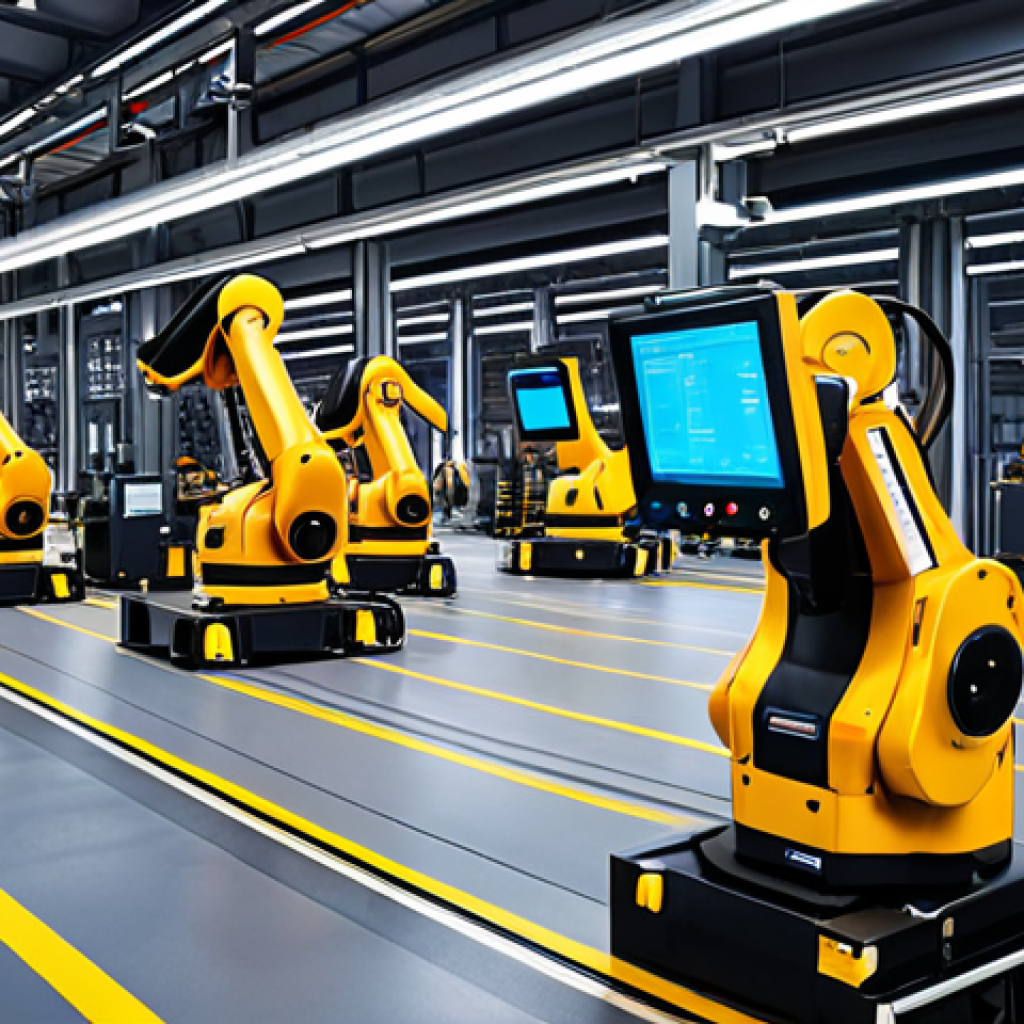 **

A modern factory interior with smart manufacturing systems. Robotic arms are welding car parts, and automated guided vehicles (AGVs) are transporting materials. Monitors display real-time data, showing optimized production processes. The overall scene conveys efficiency and advanced technology.

**