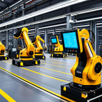 **

A modern factory interior with smart manufacturing systems. Robotic arms are welding car parts, and automated guided vehicles (AGVs) are transporting materials. Monitors display real-time data, showing optimized production processes. The overall scene conveys efficiency and advanced technology.

**