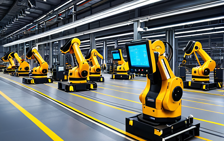 **

A modern factory interior with smart manufacturing systems. Robotic arms are welding car parts, and automated guided vehicles (AGVs) are transporting materials. Monitors display real-time data, showing optimized production processes. The overall scene conveys efficiency and advanced technology.

**