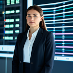 A focused female business strategist in a professional, modest business suit, observing a holographic projection of complex data charts and business metrics. She stands in a sleek, modern, high-tech office environment with clean lines and soft ambient lighting. The background features blurred cityscapes seen through large windows. Fully clothed, appropriate attire, professional dress. Perfect anatomy, correct proportions, natural pose, well-formed hands, proper finger count, natural body proportions, professional photography, high resolution, soft focus background, realistic lighting. Safe for work, appropriate content, fully clothed, professional, modest.