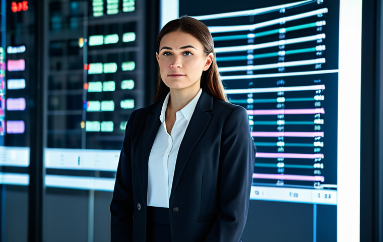 A focused female business strategist in a professional, modest business suit, observing a holographic projection of complex data charts and business metrics. She stands in a sleek, modern, high-tech office environment with clean lines and soft ambient lighting. The background features blurred cityscapes seen through large windows. Fully clothed, appropriate attire, professional dress. Perfect anatomy, correct proportions, natural pose, well-formed hands, proper finger count, natural body proportions, professional photography, high resolution, soft focus background, realistic lighting. Safe for work, appropriate content, fully clothed, professional, modest.