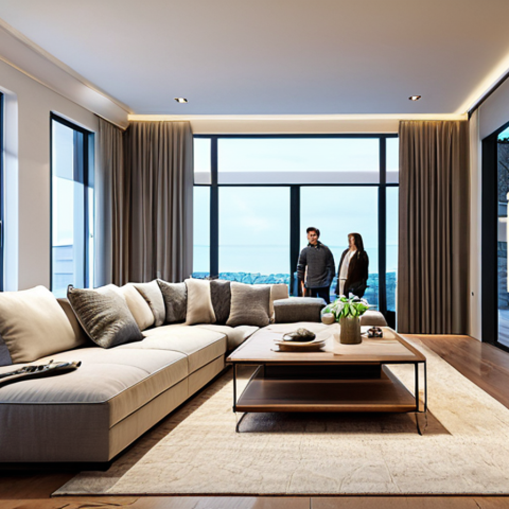 Smart Home Automation**
"A modern, brightly lit living room featuring a diverse family interacting with smart home devices. Soft, warm lighting emanates from intelligent lamps. The scene emphasizes comfort and convenience. Fully clothed family, appropriate attire, safe for work, perfect anatomy, natural proportions, professional photography, high quality, family-friendly."
**